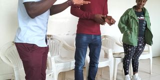 Victor Nyaata, Cyprian Osoro & Esthr Kahuha rehearse for 'Willing Buyer, Willing Seller' at KNT, Jan.26, 2022